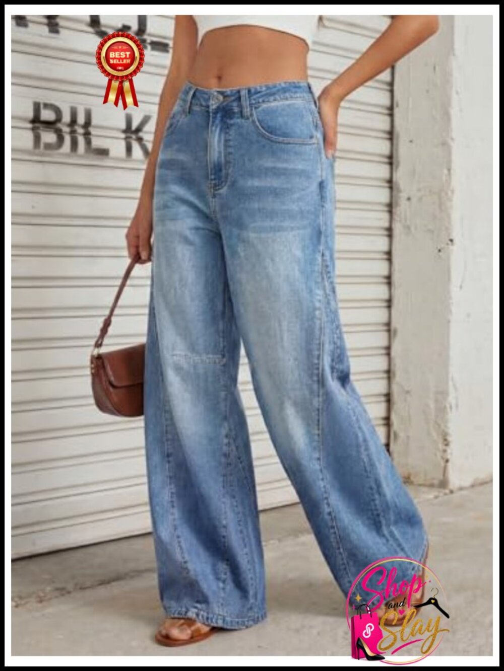 High Waisted Wide Leg Barrel Jeans Baggy Stretch Denim Pants - Picture 2 of 6